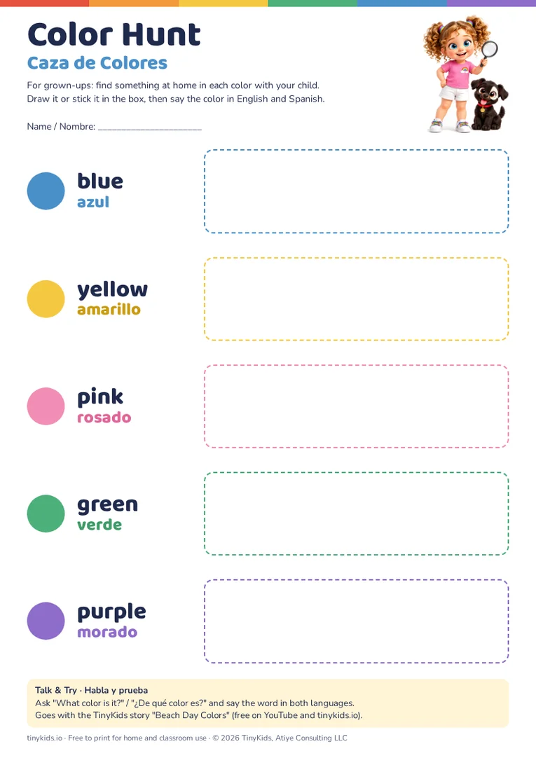 Preview of the Color Hunt sheet: five colored circles with the words blue, yellow, pink, green and purple in English and Spanish, each next to an empty box, with Skylar and her puppy Sparky in the corner.